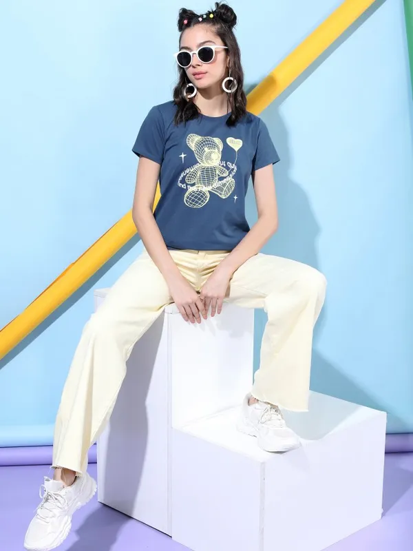  Tokyo Talkies Women Blue Printed Round Neck T-Shirts