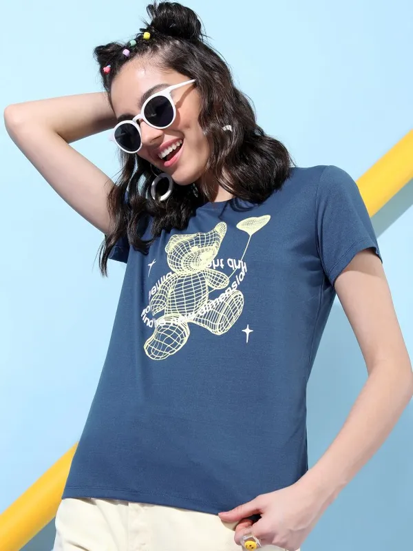  Tokyo Talkies Women Blue Printed Round Neck T-Shirts