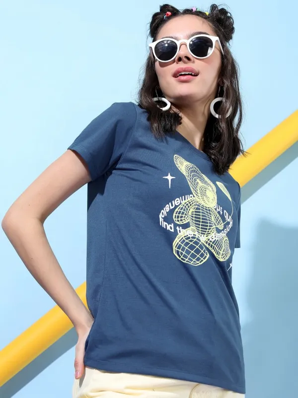  Tokyo Talkies Women Blue Printed Round Neck T-Shirts