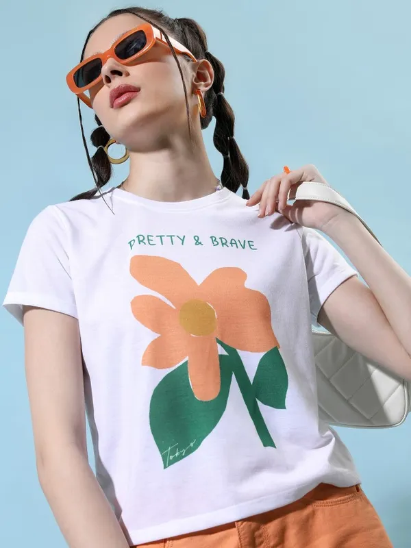 Tokyo Talkies Women White Printed Round Neck T-Shirt