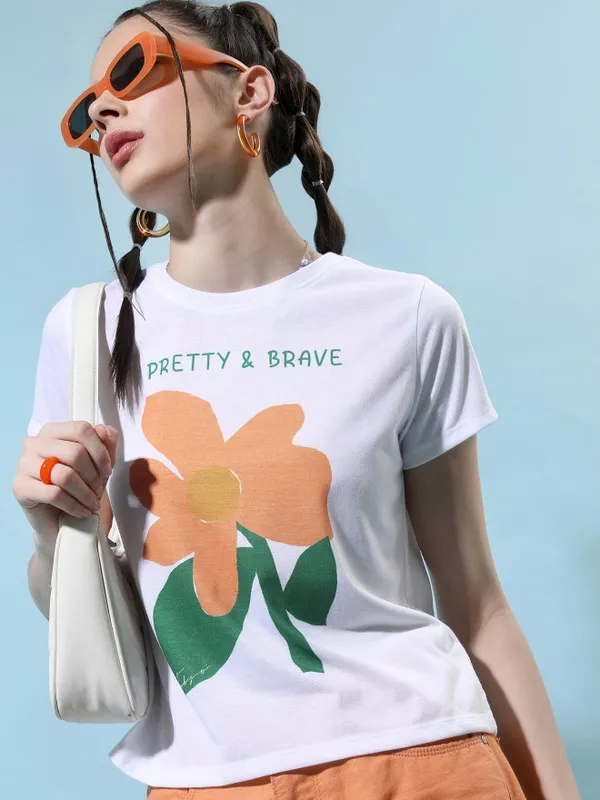 Tokyo Talkies Women White Printed Round Neck T-Shirt