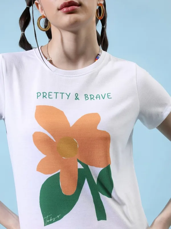 Tokyo Talkies Women White Printed Round Neck T-Shirt