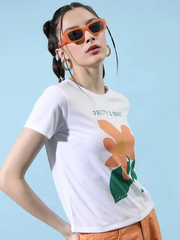 Tokyo Talkies Women White Printed Round Neck T-Shirt