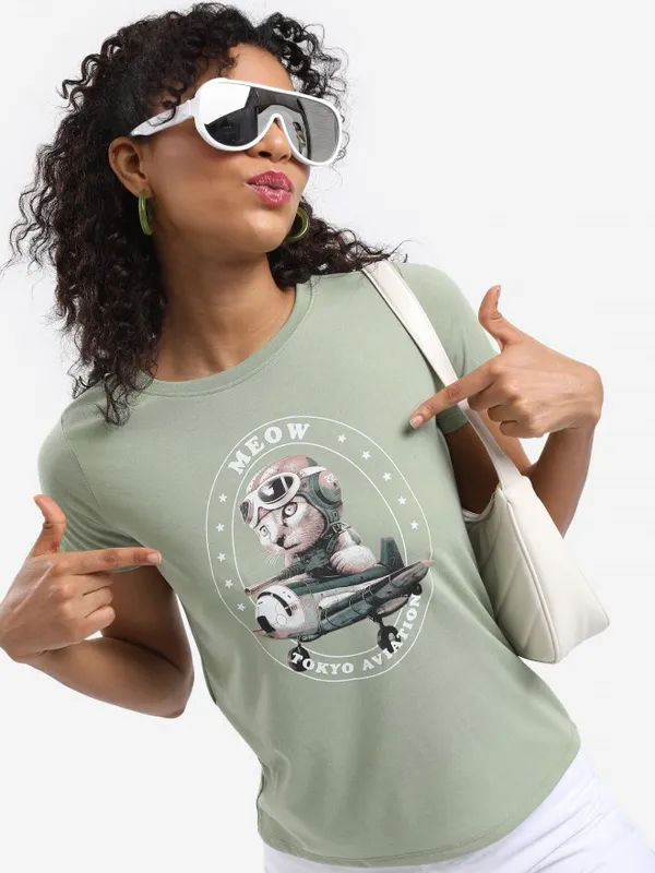  Tokyo Talkies Women Olive Printed Round Neck T-Shirts