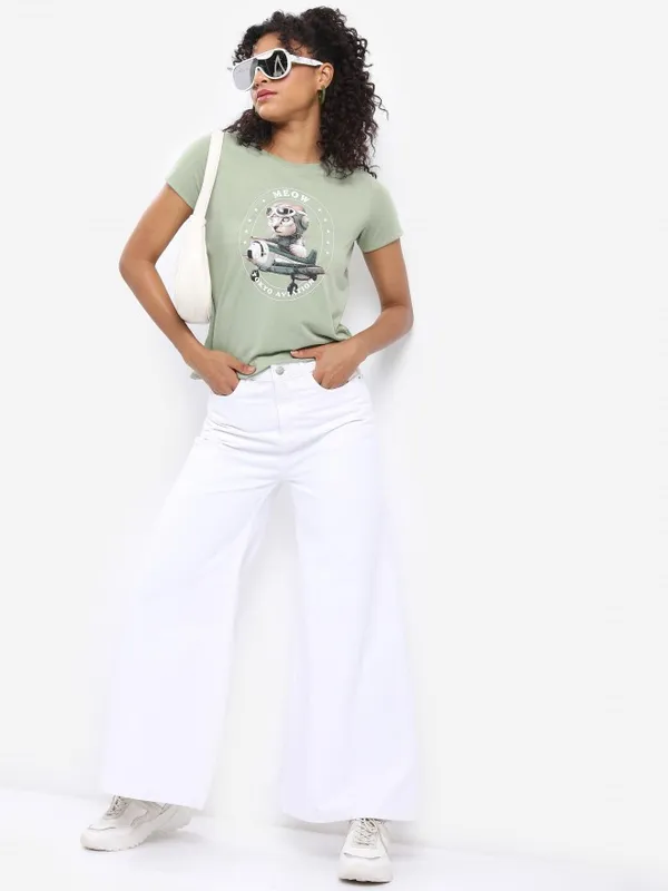  Tokyo Talkies Women Olive Printed Round Neck T-Shirts