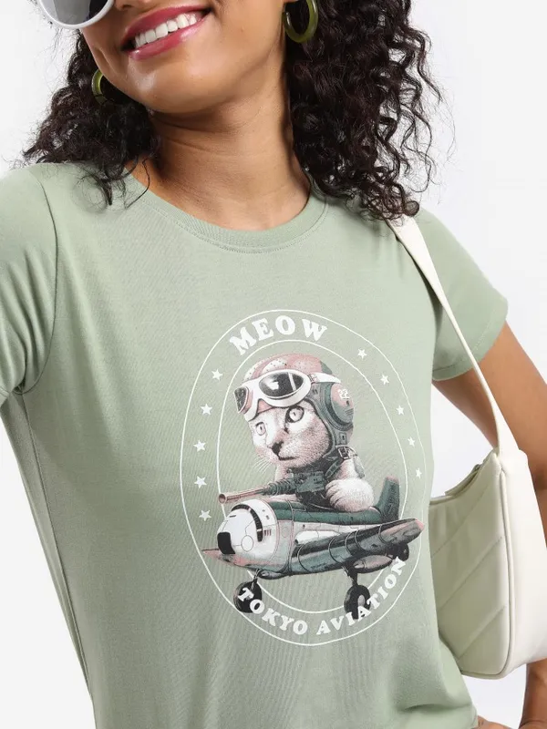  Tokyo Talkies Women Olive Printed Round Neck T-Shirts