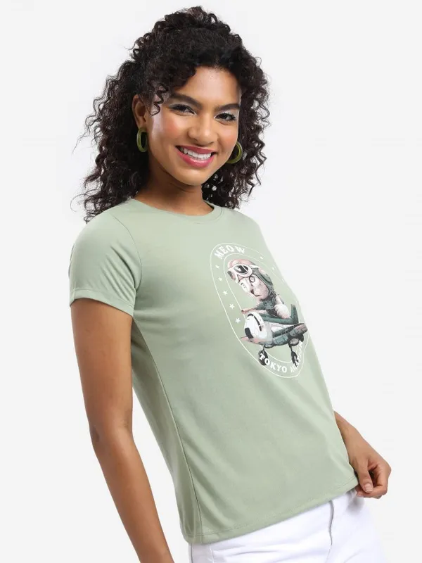  Tokyo Talkies Women Olive Printed Round Neck T-Shirts