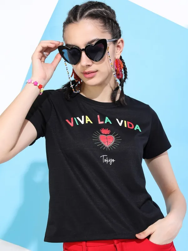  Tokyo Talkies Women Black Printed Round Neck T-Shirts