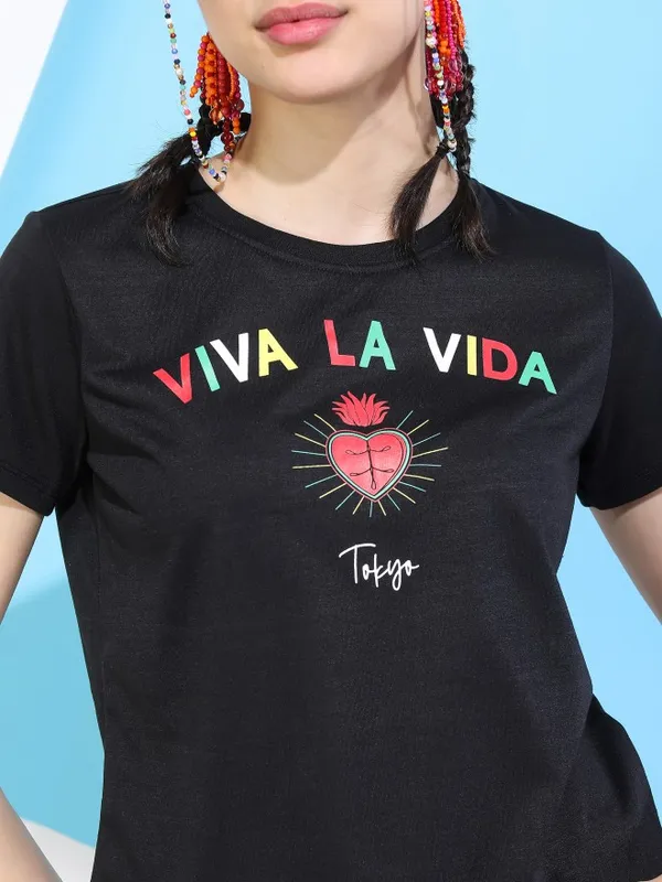  Tokyo Talkies Women Black Printed Round Neck T-Shirts