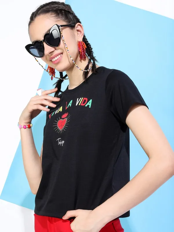  Tokyo Talkies Women Black Printed Round Neck T-Shirts