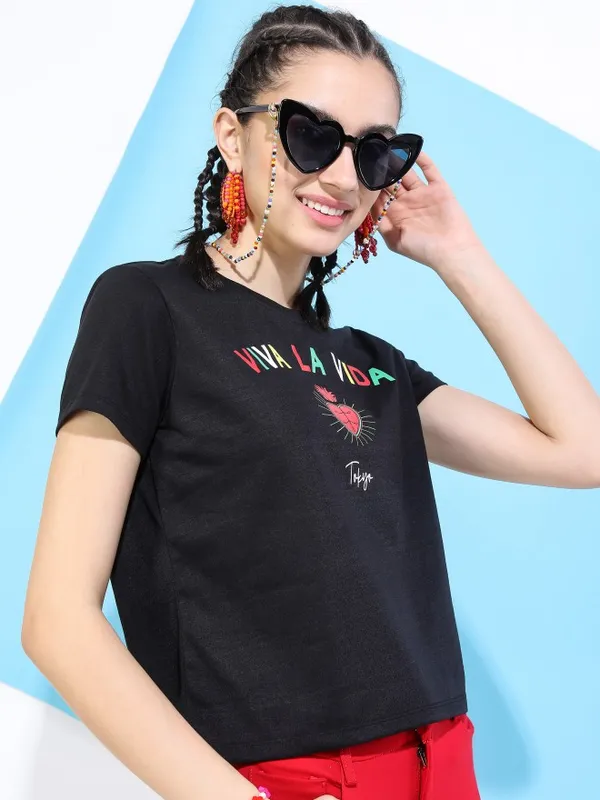  Tokyo Talkies Women Black Printed Round Neck T-Shirts