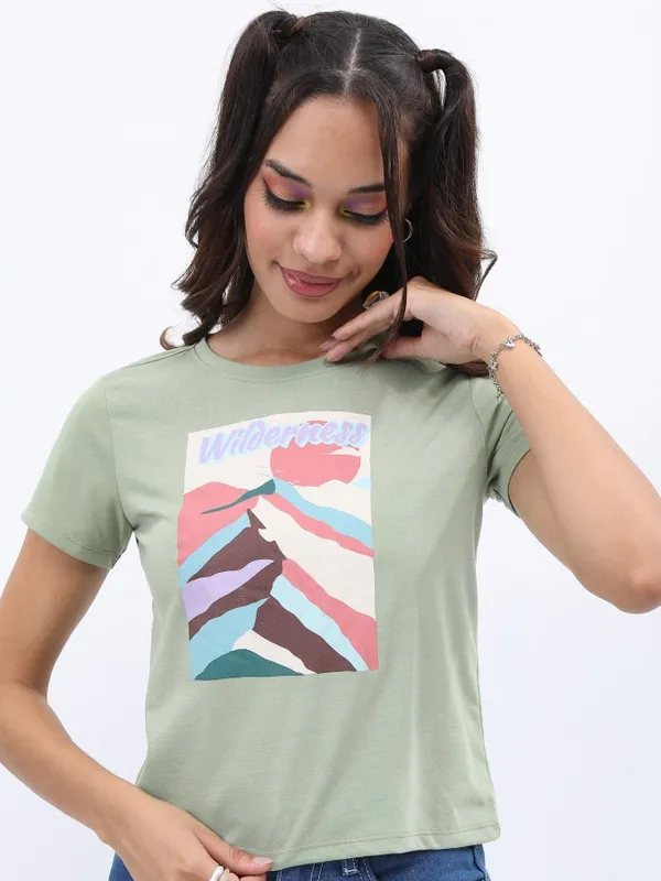  Tokyo Talkies Women Olive Printed Round Neck T-Shirts