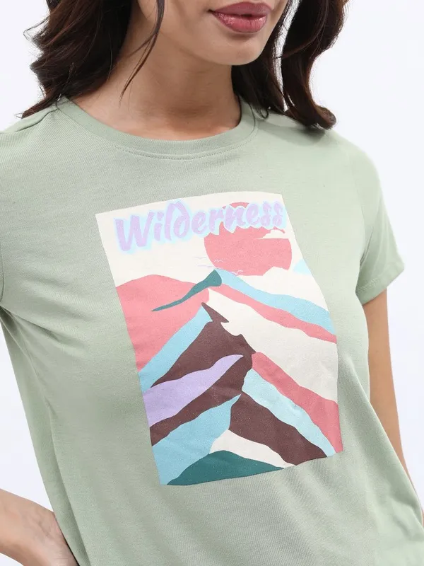  Tokyo Talkies Women Olive Printed Round Neck T-Shirts
