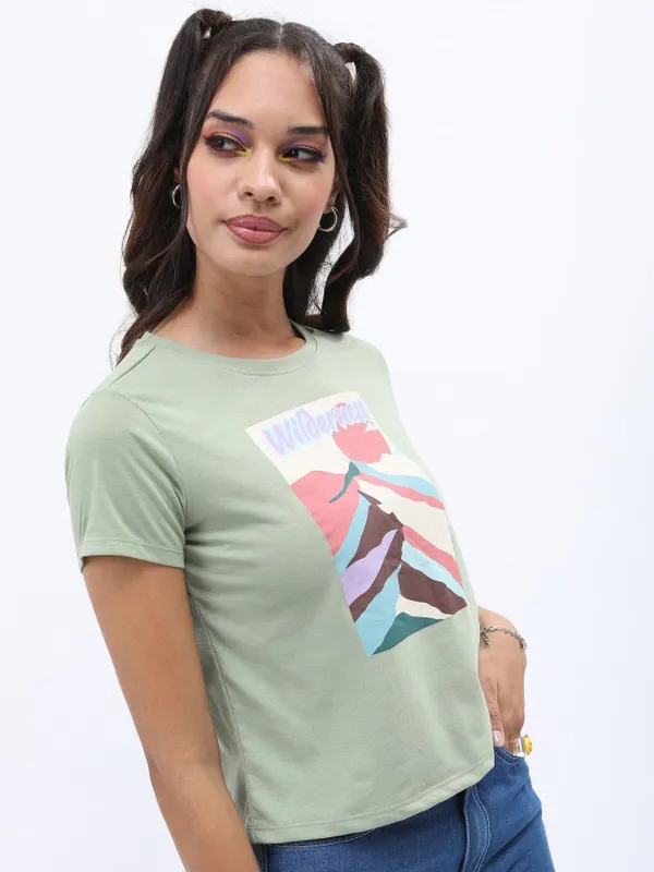  Tokyo Talkies Women Olive Printed Round Neck T-Shirts