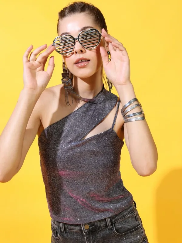  Tokyo Talkies Women Silver Self Design Fitted Tops