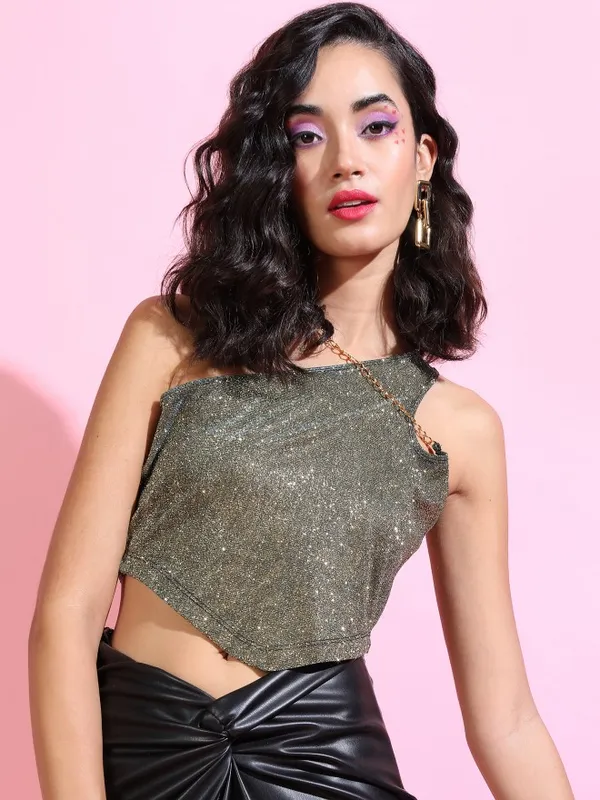  Tokyo Talkies Women Gold Self Design Fitted Tops