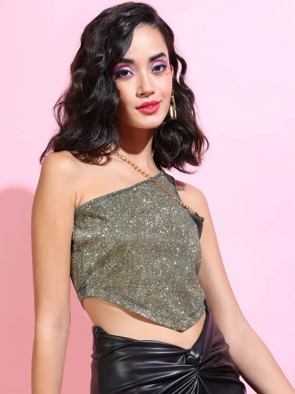  Tokyo Talkies Women Gold Self Design Fitted Tops