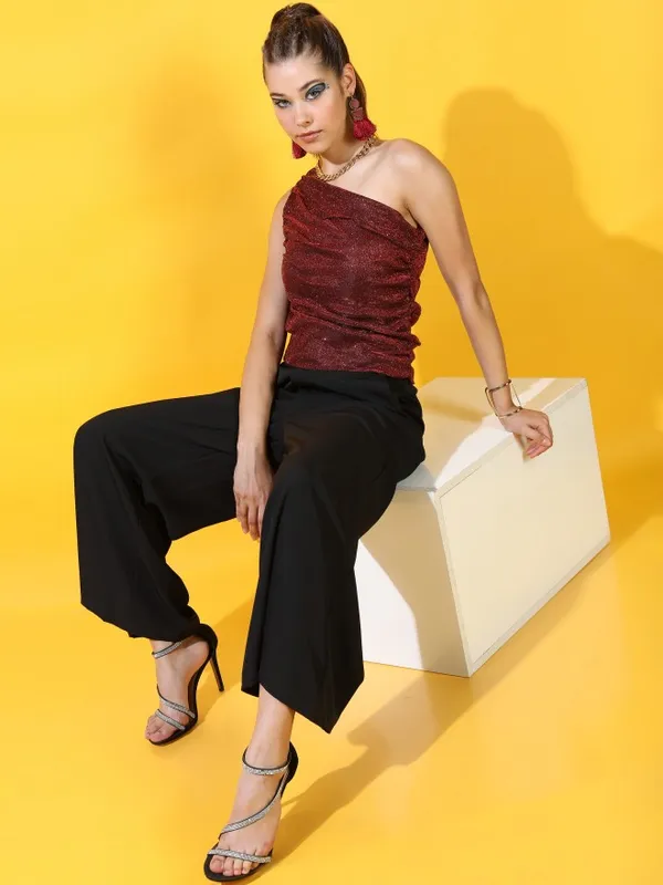  Tokyo Talkies Women Red Self Design Fitted Tops