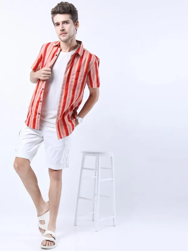 Highlander Men Red Striped Slim Fit Casual Shirt