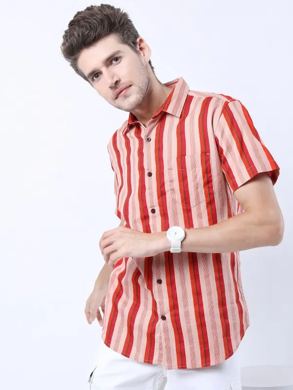 Highlander Men Red Striped Slim Fit Casual Shirt