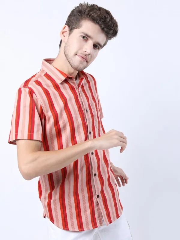 Highlander Men Red Striped Slim Fit Casual Shirt