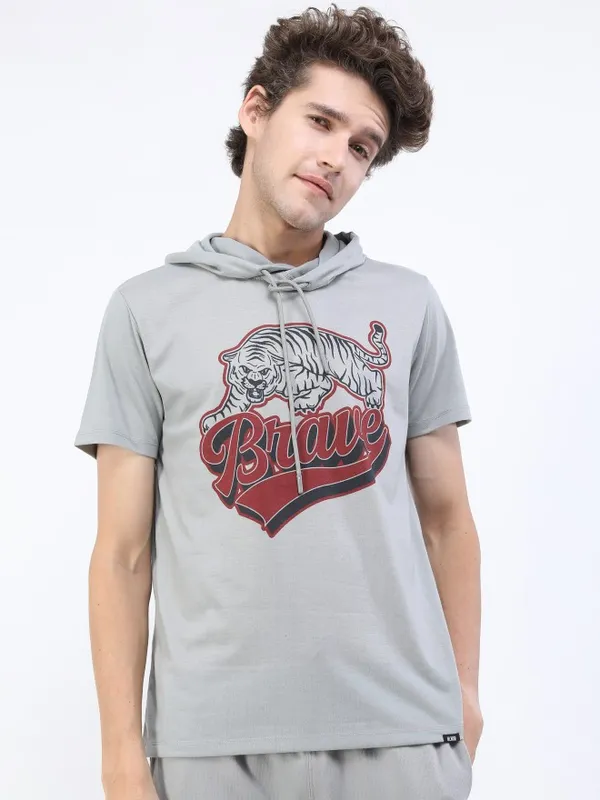  Highlander Men Grey Printed Hood T-Shirts