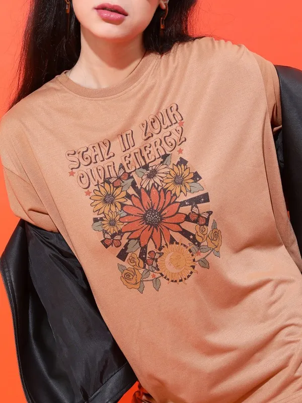  Tokyo Talkies Women Brown Printed Round Neck T-Shirts