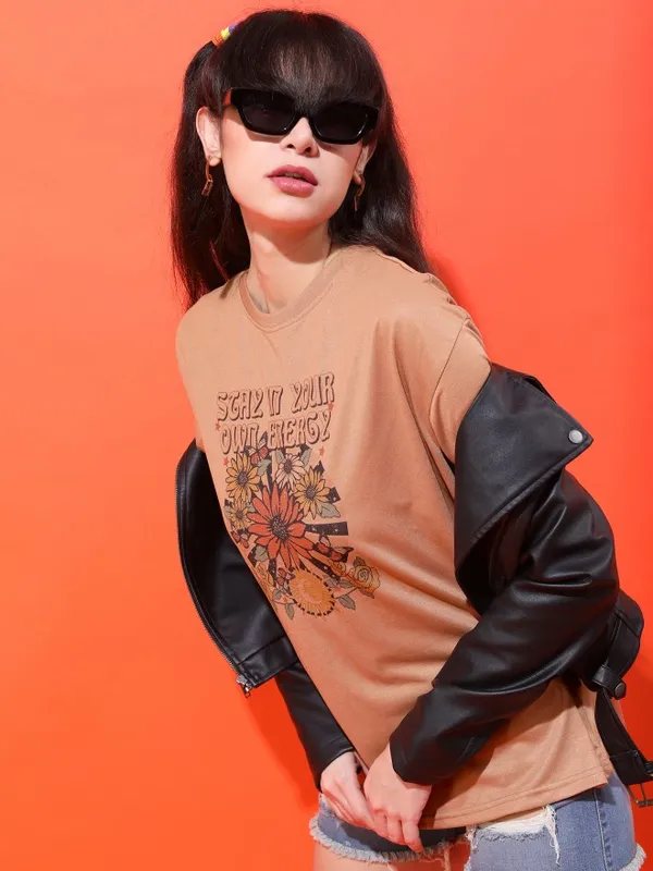  Tokyo Talkies Women Brown Printed Round Neck T-Shirts