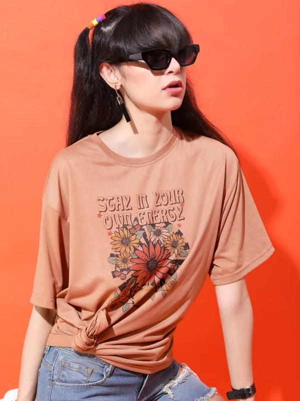  Tokyo Talkies Women Brown Printed Round Neck T-Shirts