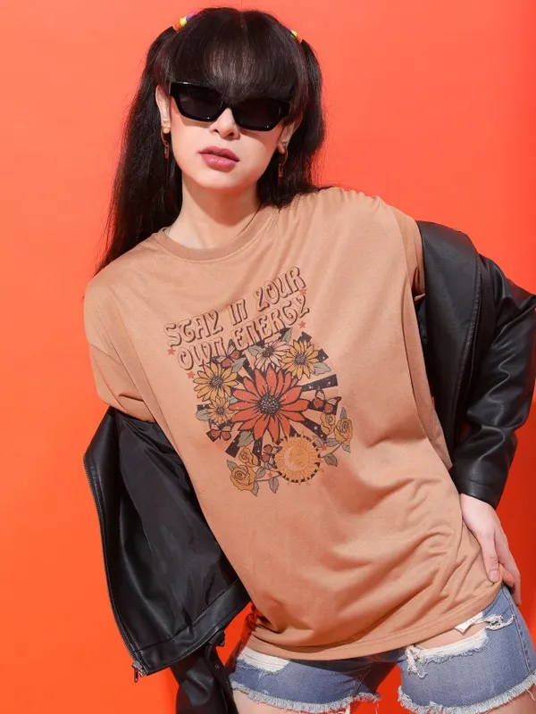  Tokyo Talkies Women Brown Printed Round Neck T-Shirts