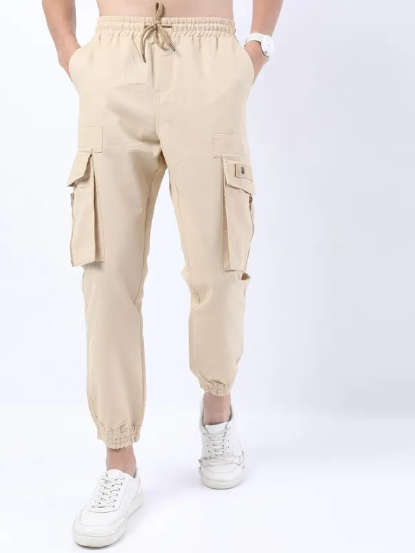  Highlander Men Beige Slim Fit Solid Casual Trousers
