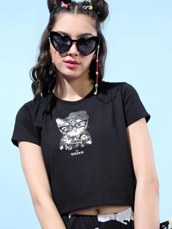  Tokyo Talkies Women Black Printed Round Neck T-Shirts