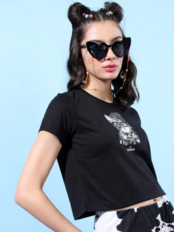  Tokyo Talkies Women Black Printed Round Neck T-Shirts