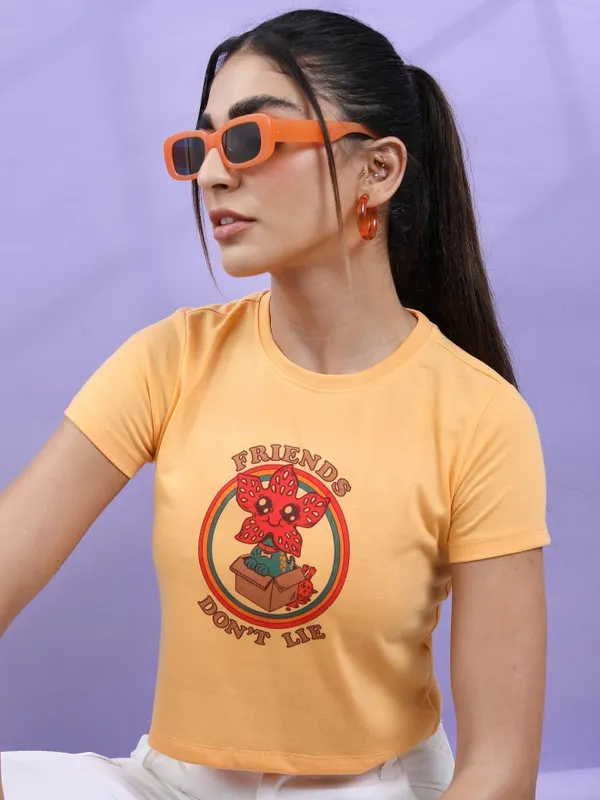 Tokyo Talkies Women Yellow Printed Round Neck T-Shirt