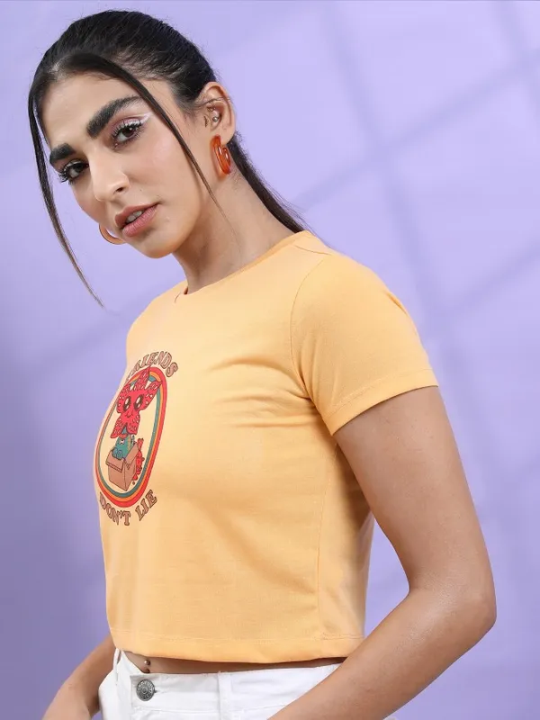 Tokyo Talkies Women Yellow Printed Round Neck T-Shirt