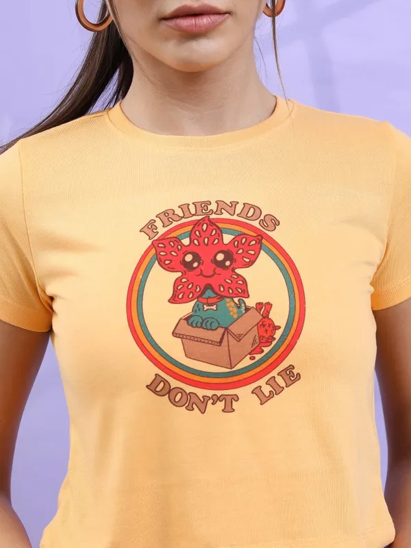 Tokyo Talkies Women Yellow Printed Round Neck T-Shirt