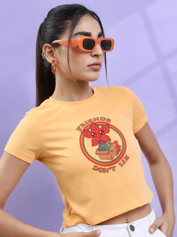 Tokyo Talkies Women Yellow Printed Round Neck T-Shirt