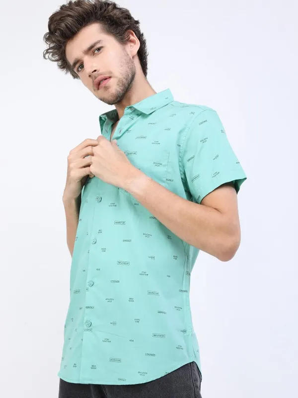  Ketch Men Green Printed Slim Fit Casual Shirts