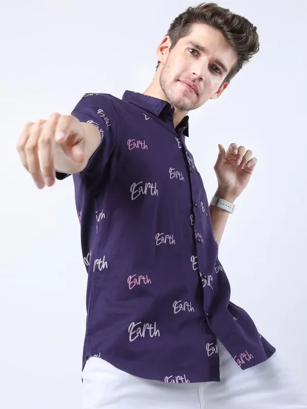  Ketch Men Purple Printed Slim Fit Casual Shirts