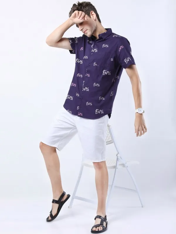  Ketch Men Purple Printed Slim Fit Casual Shirts