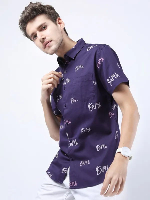  Ketch Men Purple Printed Slim Fit Casual Shirts