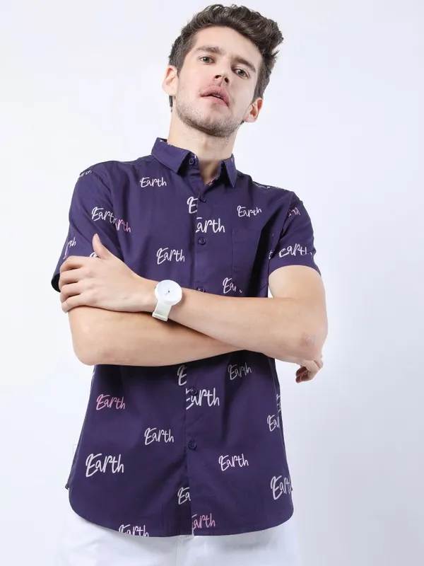  Ketch Men Purple Printed Slim Fit Casual Shirts
