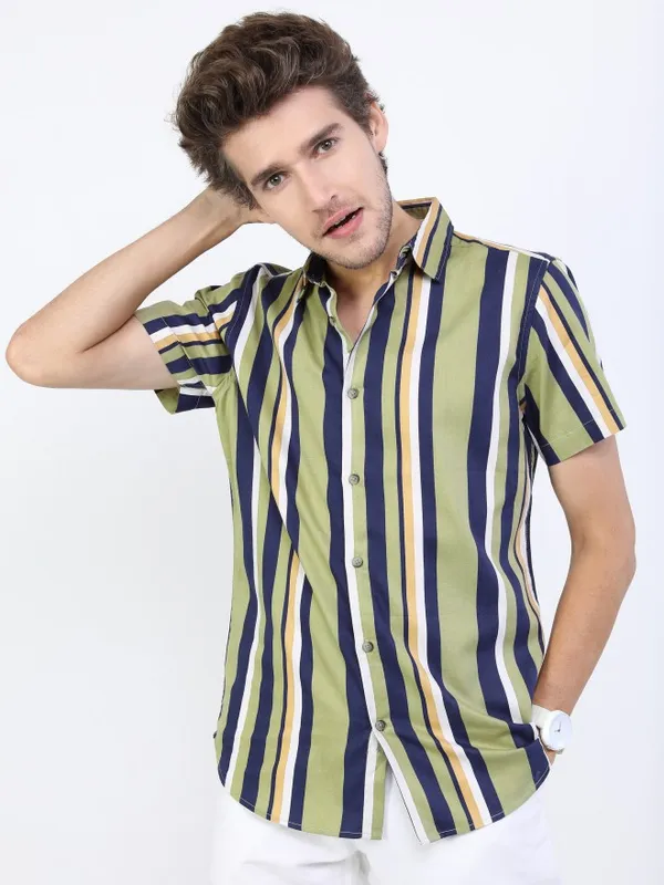  Ketch Men Olive Striped Slim Fit Casual Shirts