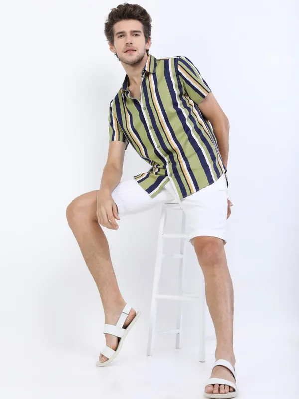  Ketch Men Olive Striped Slim Fit Casual Shirts