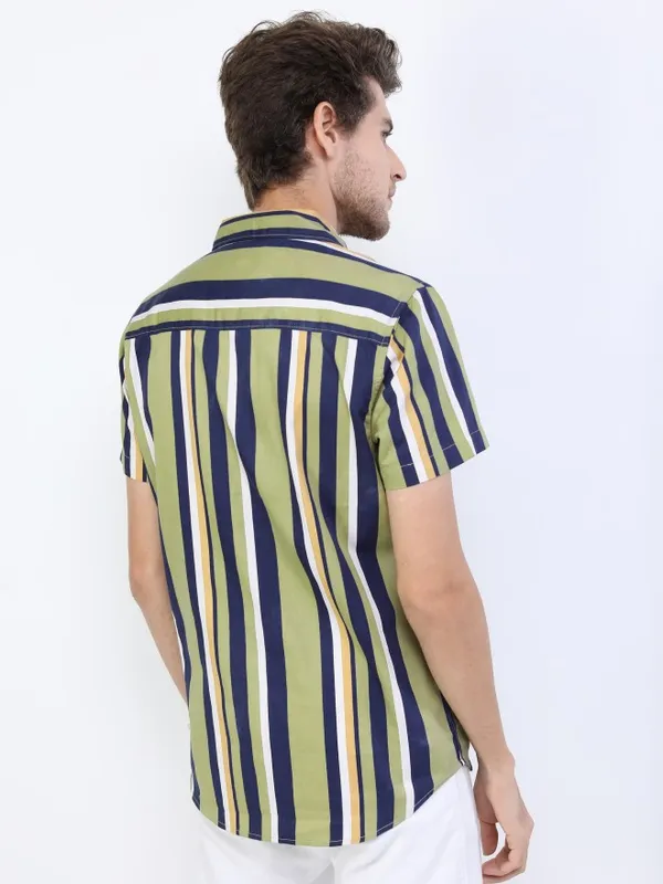  Ketch Men Olive Striped Slim Fit Casual Shirts