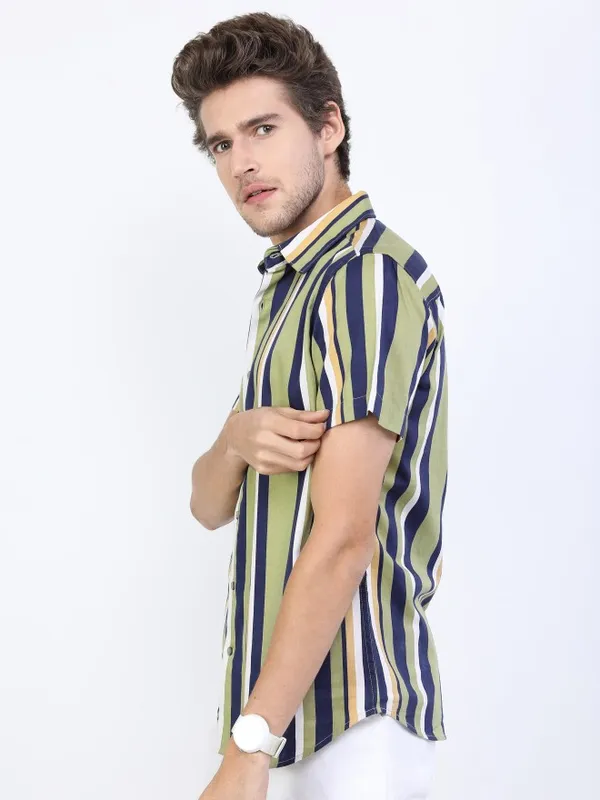 Ketch Men Olive Striped Slim Fit Casual Shirts