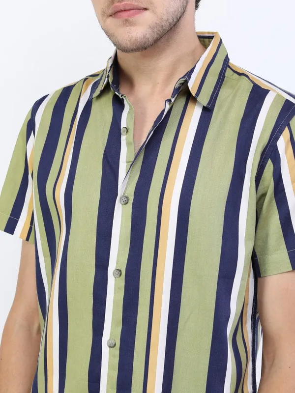  Ketch Men Olive Striped Slim Fit Casual Shirts