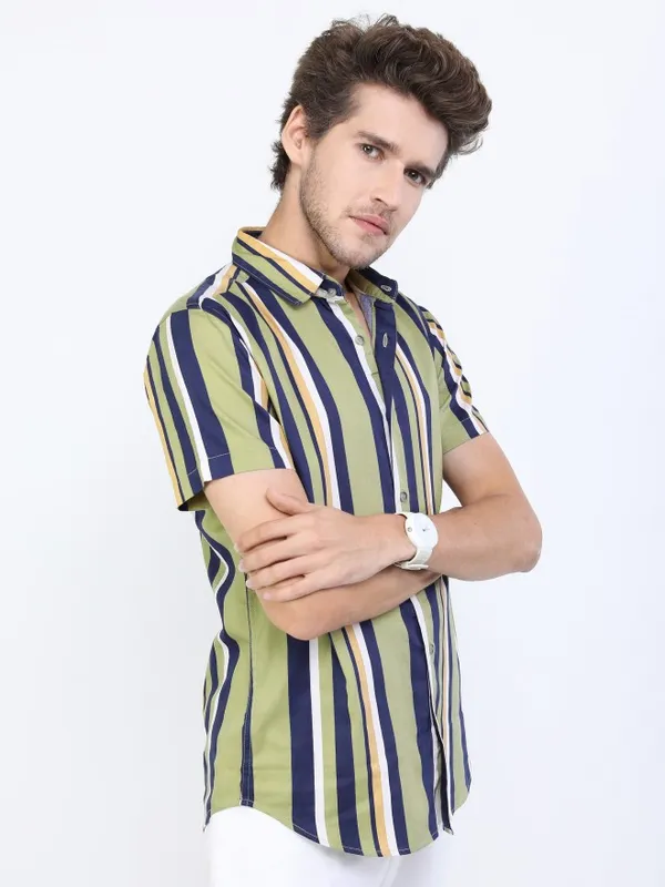  Ketch Men Olive Striped Slim Fit Casual Shirts