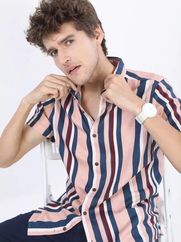  Ketch Men Pink Striped Slim Fit Casual Shirts