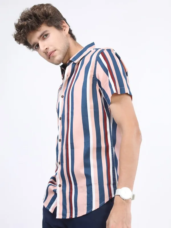  Ketch Men Pink Striped Slim Fit Casual Shirts